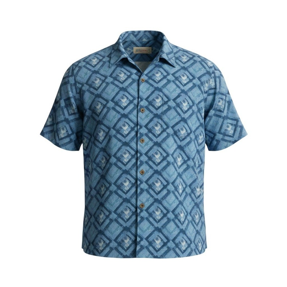 Tommy Bahama Silk Button Down Shirt XL Blue Geometric Ikat Short Sleeve Camp